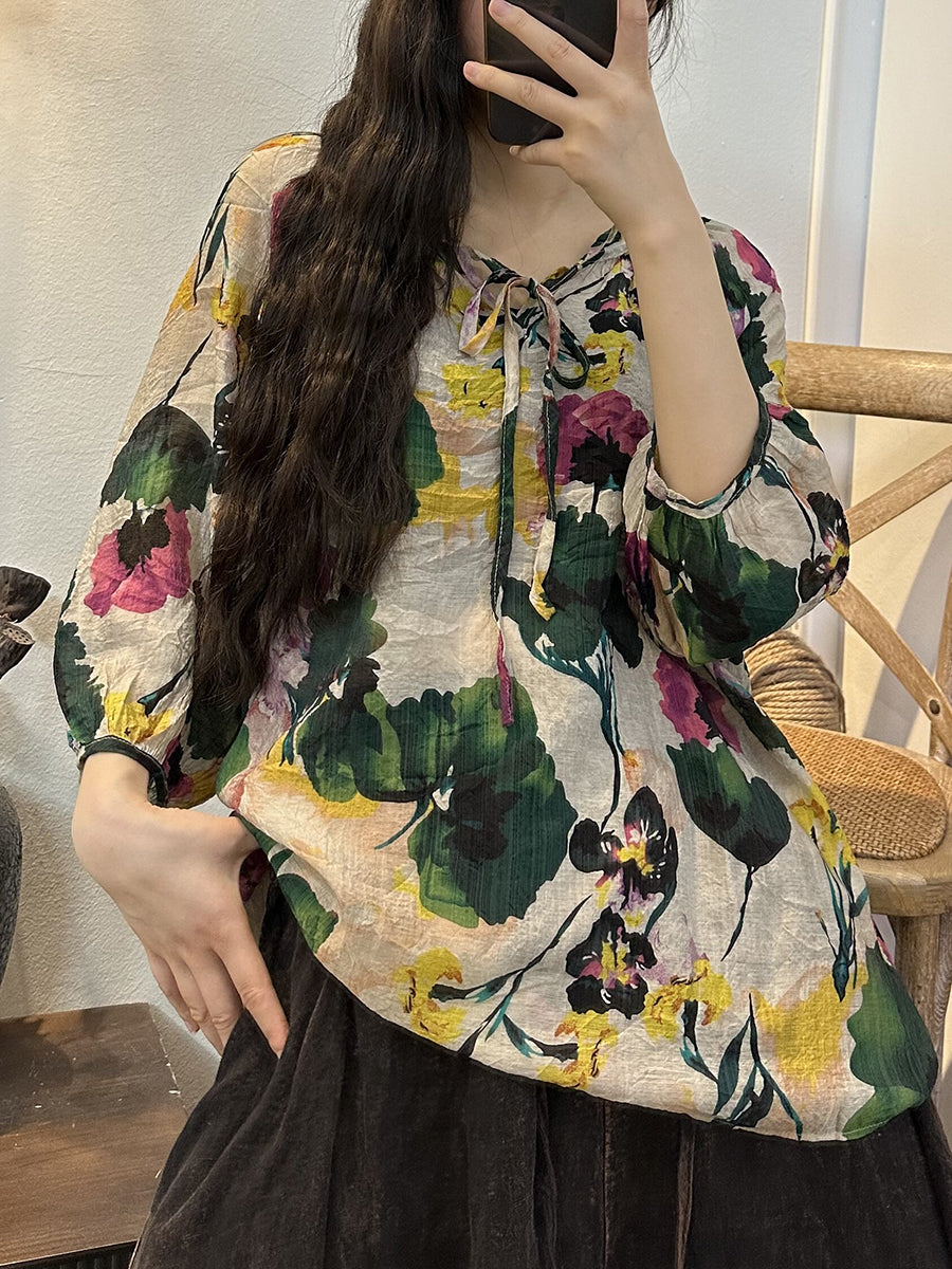 Übergröße Damen Vintage Sommer Blumen Kordelzug dünnes Hemd