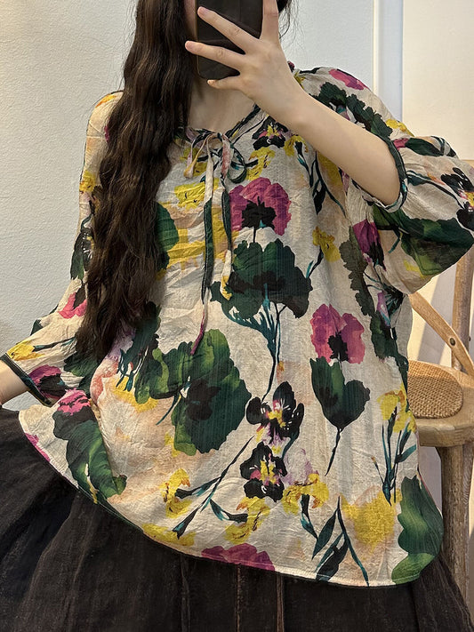 Übergröße Damen Vintage Sommer Blumen Kordelzug dünnes Hemd