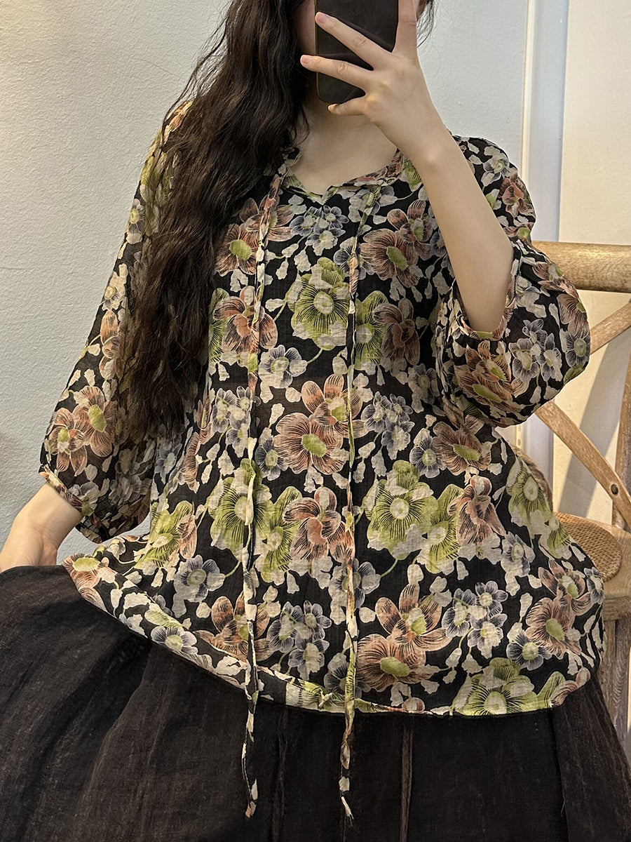 Übergröße Damen Vintage Sommer Blumen Kordelzug dünnes Hemd