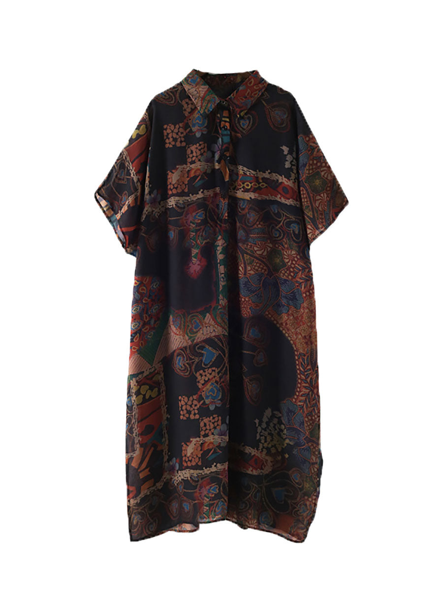 Plus Size Damen Kleid mit Ethno-Blumendruck und dünnem Polokragen