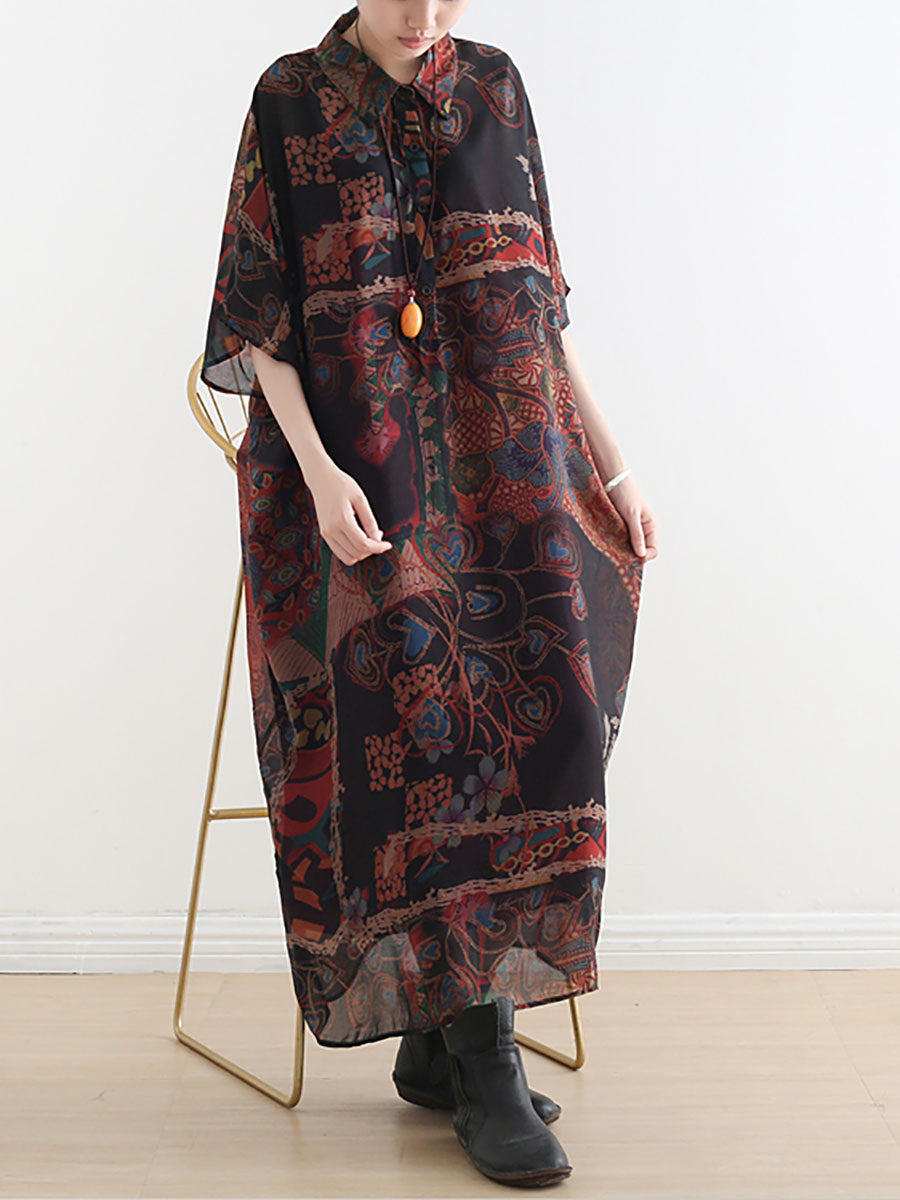 Plus Size Damen Kleid mit Ethno-Blumendruck und dünnem Polokragen