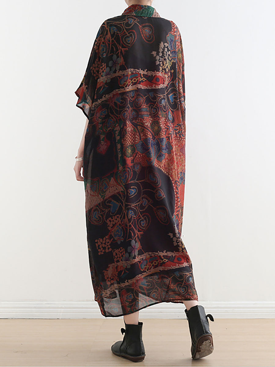 Plus Size Damen Kleid mit Ethno-Blumendruck und dünnem Polokragen