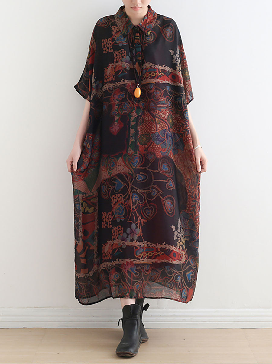 Plus Size Damen Kleid mit Ethno-Blumendruck und dünnem Polokragen