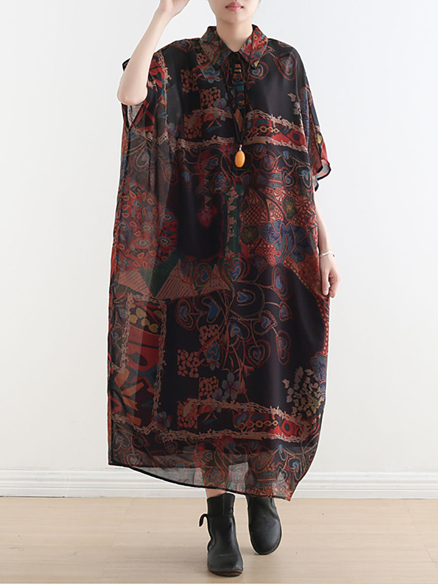 Plus Size Damen Kleid mit Ethno-Blumendruck und dünnem Polokragen