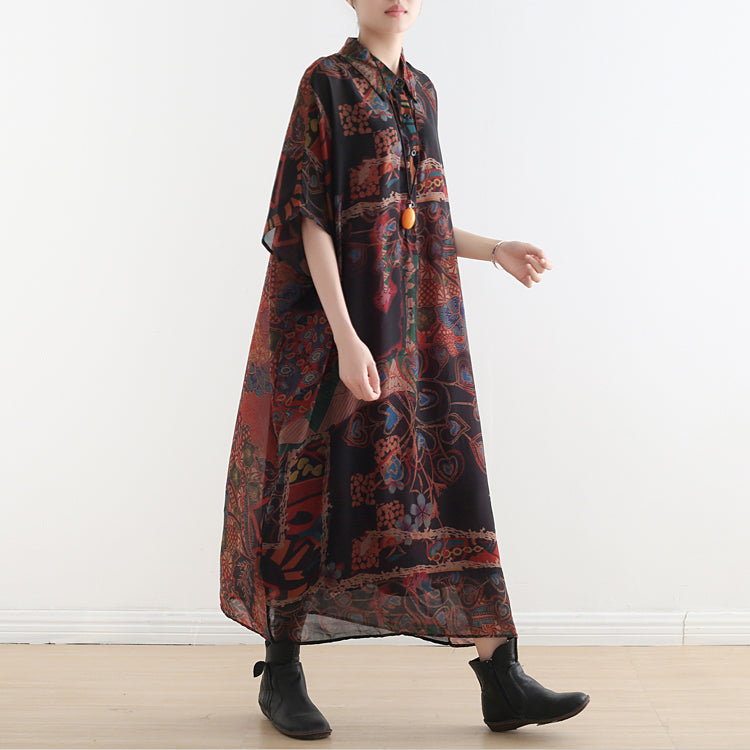 Plus Size Damen Kleid mit Ethno-Blumendruck und dünnem Polokragen