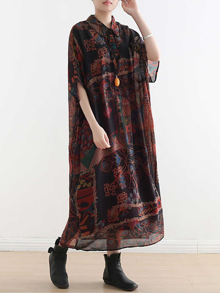Plus Size Damen Kleid mit Ethno-Blumendruck und dünnem Polokragen