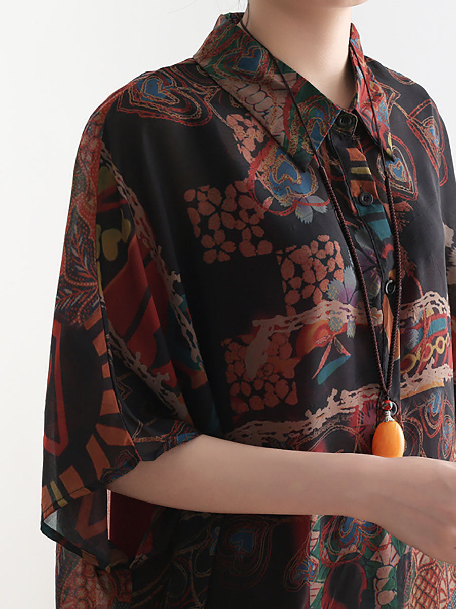Plus Size Damen Kleid mit Ethno-Blumendruck und dünnem Polokragen