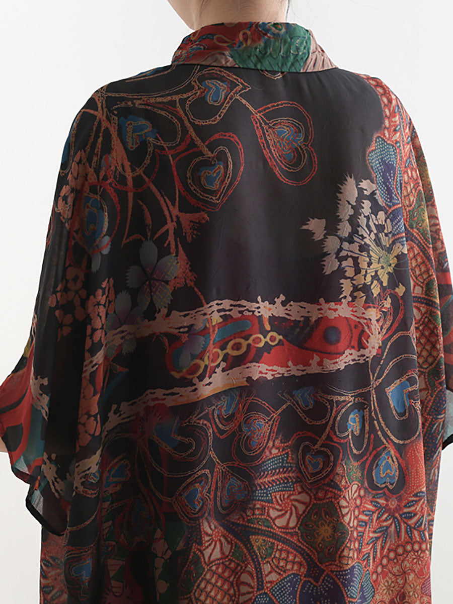 Plus Size Damen Kleid mit Ethno-Blumendruck und dünnem Polokragen