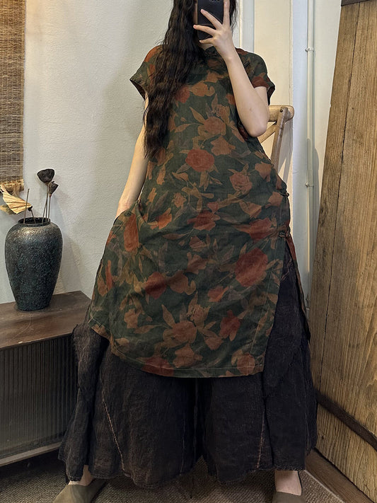 Übergröße Damen Sommer Vintage Blumenkleid mit geteiltem Saum aus Ramie