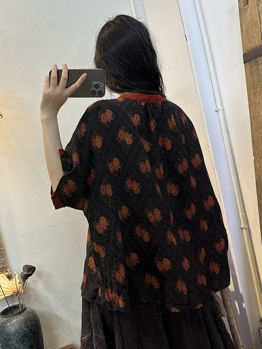 Plus Size Damen Sommer Vintage Gespleißtes Knopf Baumwollhemd