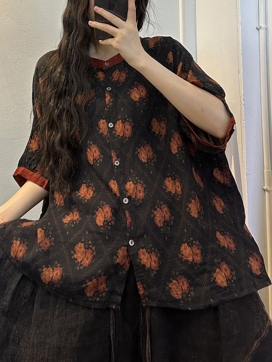 Plus Size Damen Sommer Vintage Gespleißtes Knopf Baumwollhemd