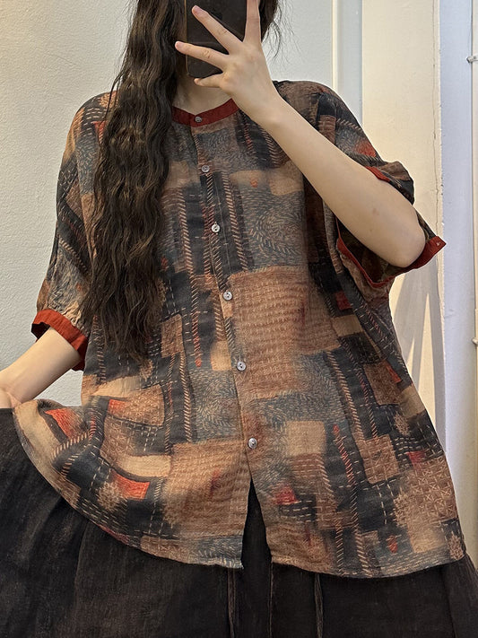 Plus Size Damen Sommer Vintage Gespleißtes Knopf Baumwollhemd
