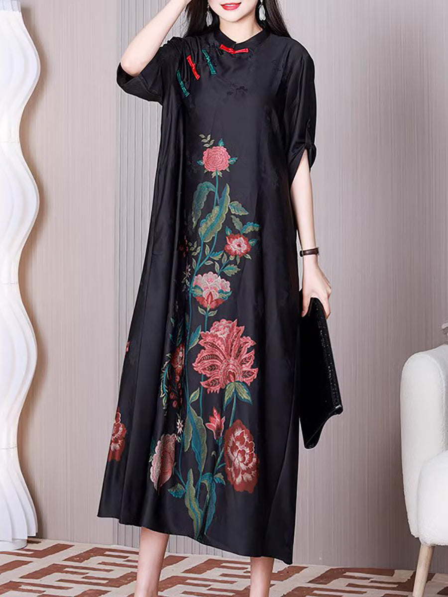 Übergröße Damen Ethnische Blume A-Form Lockeres Kleid