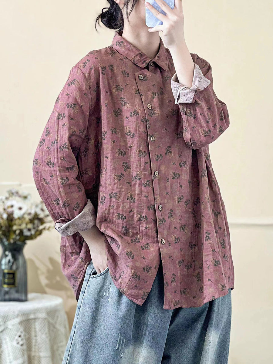 Plus Size Damen Frühling Vintage Blumenhemd mit Schrägverschluss
