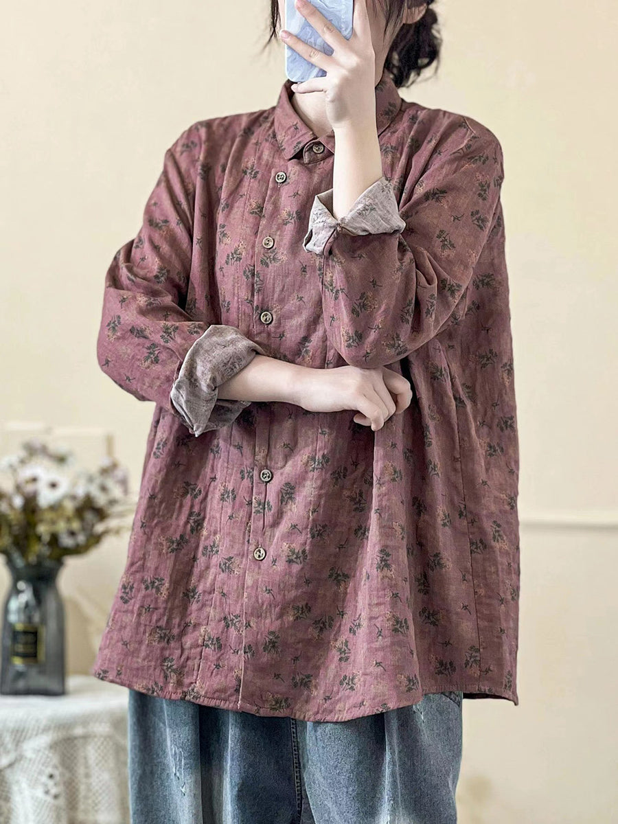 Plus Size Damen Frühling Vintage Blumenhemd mit Schrägverschluss