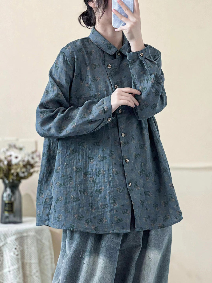 Plus Size Damen Frühling Vintage Blumenhemd mit Schrägverschluss