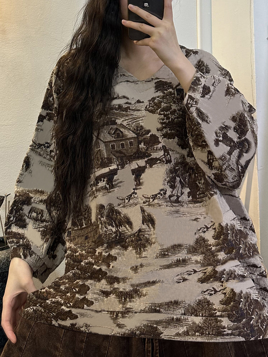 Langarmshirt mit V-Ausschnitt und Vintage-Print für Damen in Übergröße