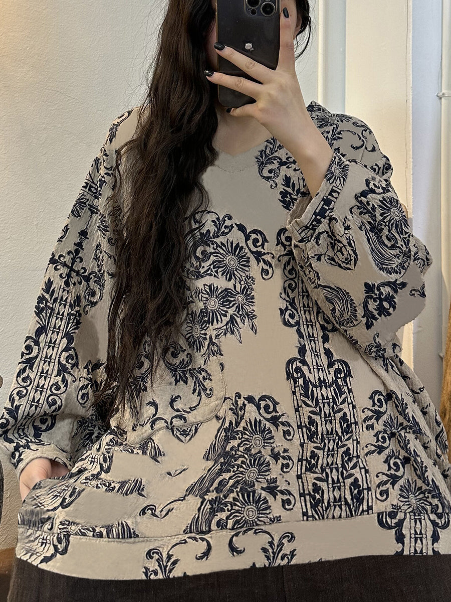 Langarmshirt mit V-Ausschnitt und Vintage-Print für Damen in Übergröße