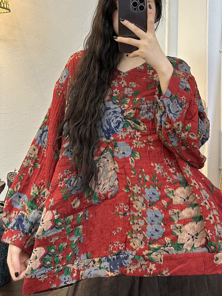 Langarmshirt mit V-Ausschnitt und Vintage-Print für Damen in Übergröße