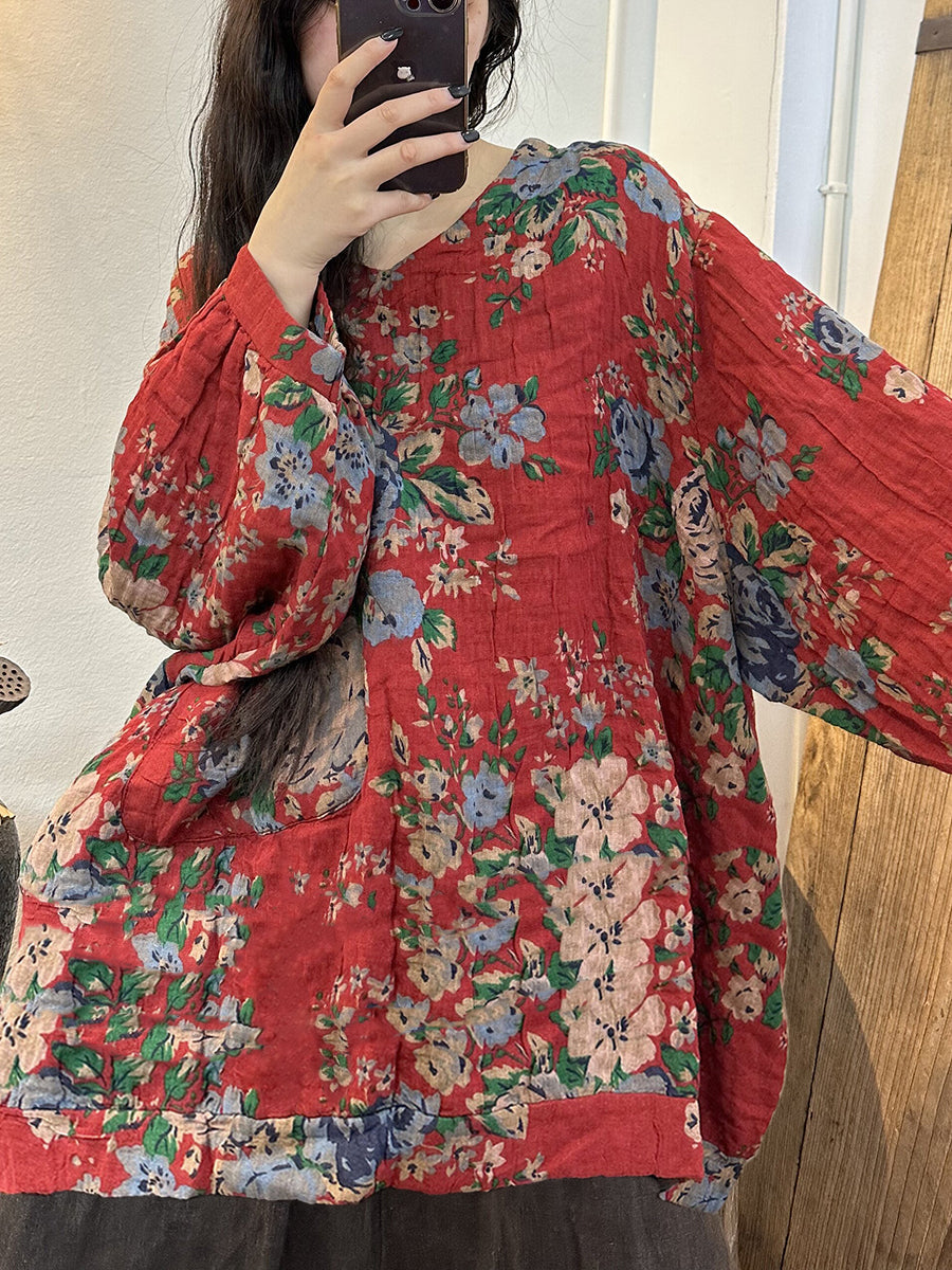 Langarmshirt mit V-Ausschnitt und Vintage-Print für Damen in Übergröße