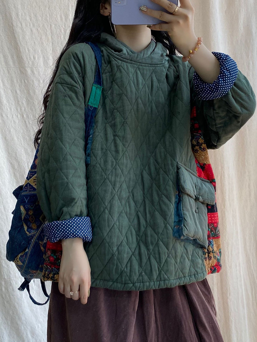 Plus Size Damen Winter Patch Gespleißte Tasche Verdicken Mit Kapuze