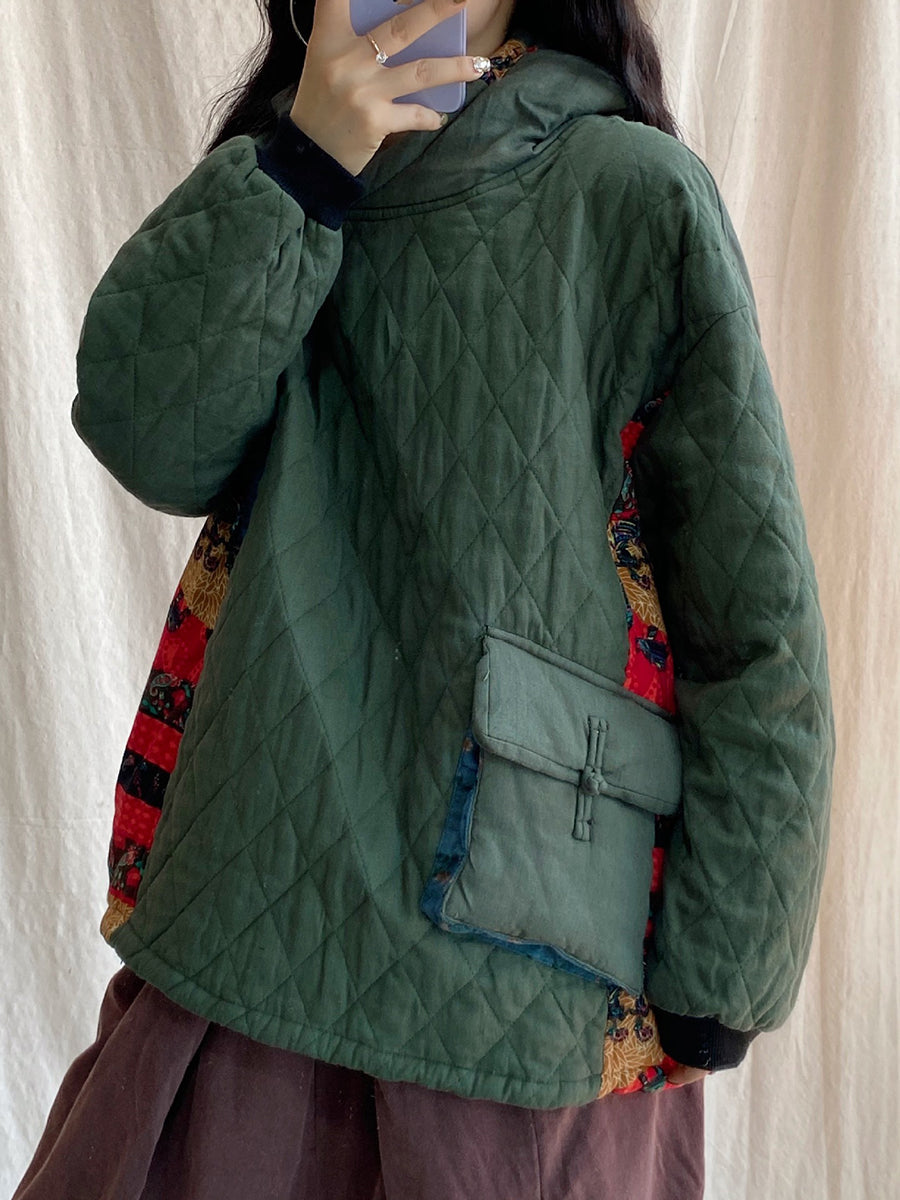 Plus Size Damen Winter Patch Gespleißte Tasche Verdicken Mit Kapuze