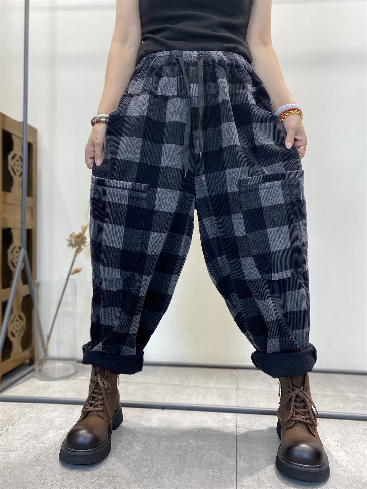 Übergröße Damen Retro Karierte Cord Haremshose