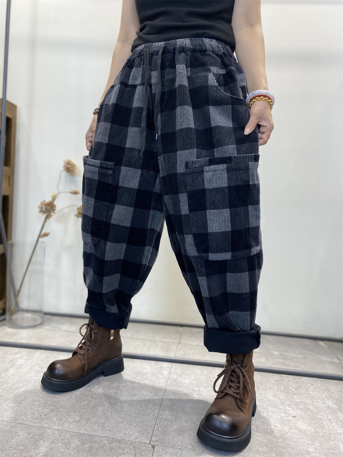 Übergröße Damen Retro Karierte Cord Haremshose