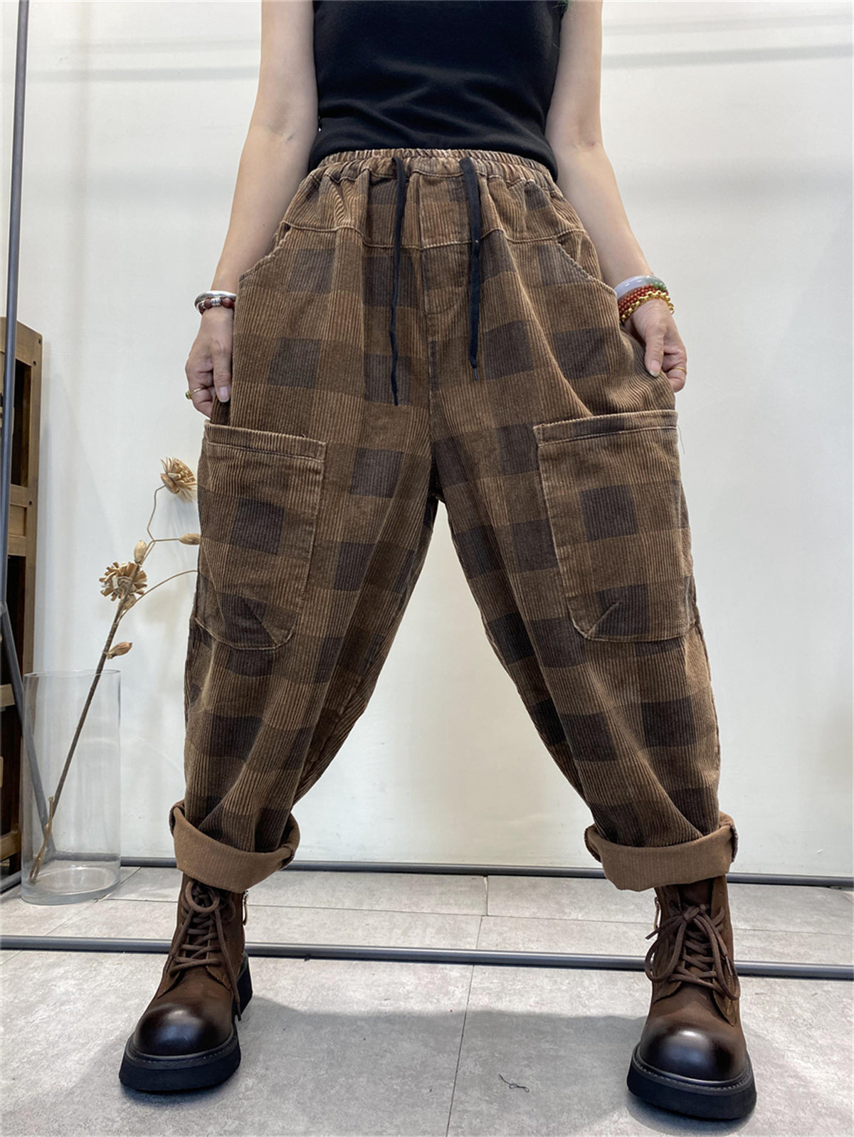 Übergröße Damen Retro Karierte Cord Haremshose