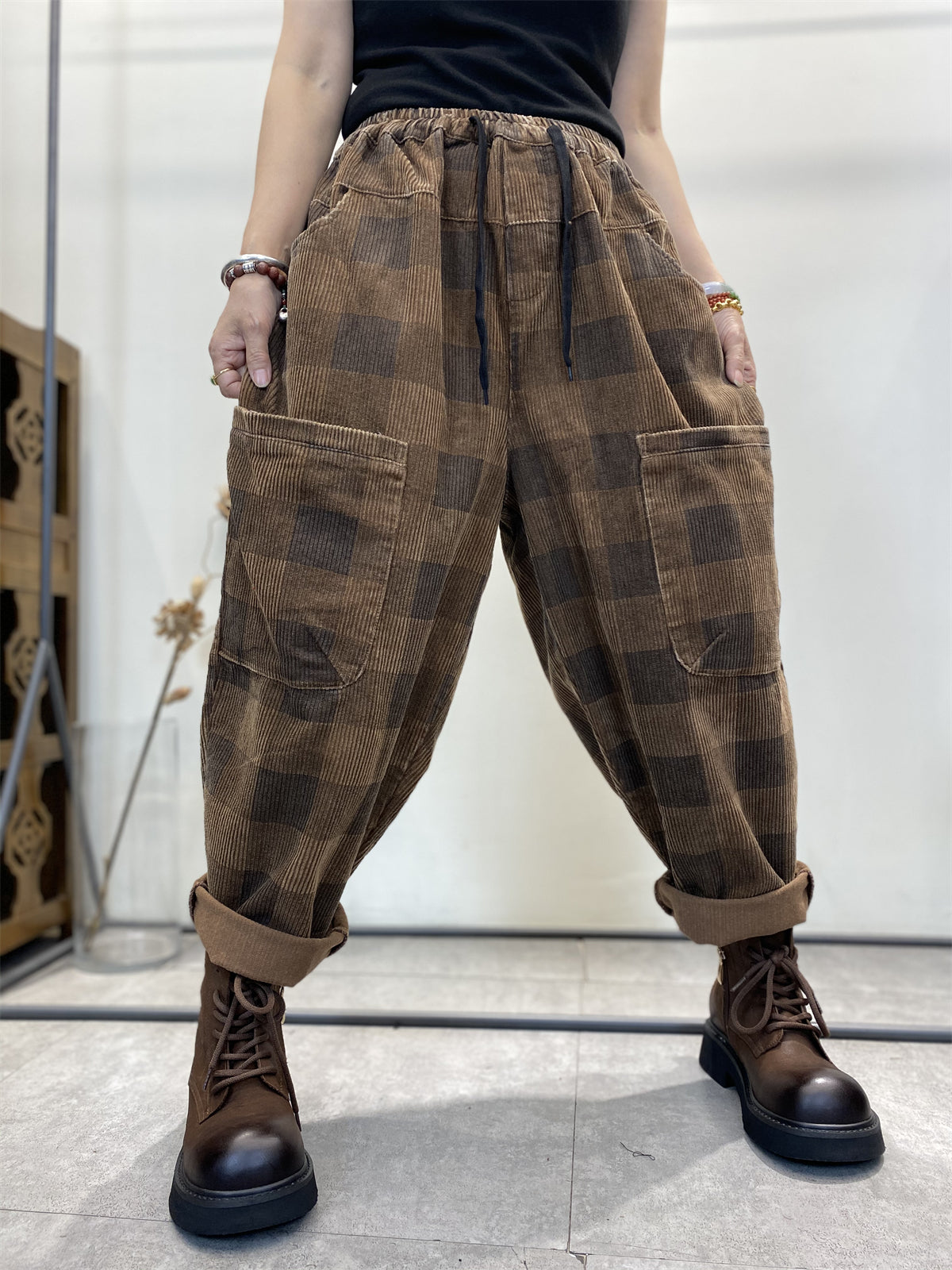 Übergröße Damen Retro Karierte Cord Haremshose