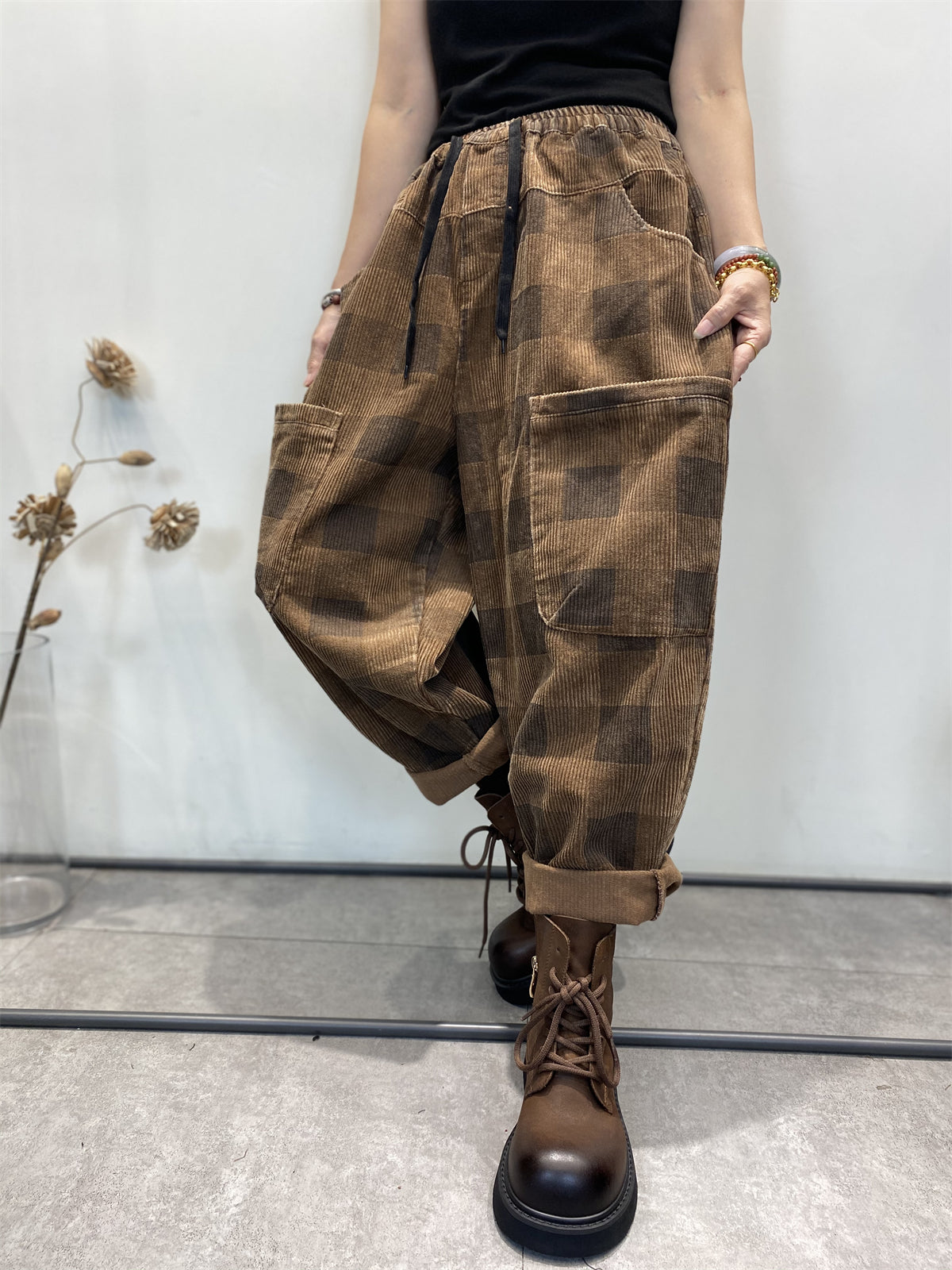 Übergröße Damen Retro Karierte Cord Haremshose