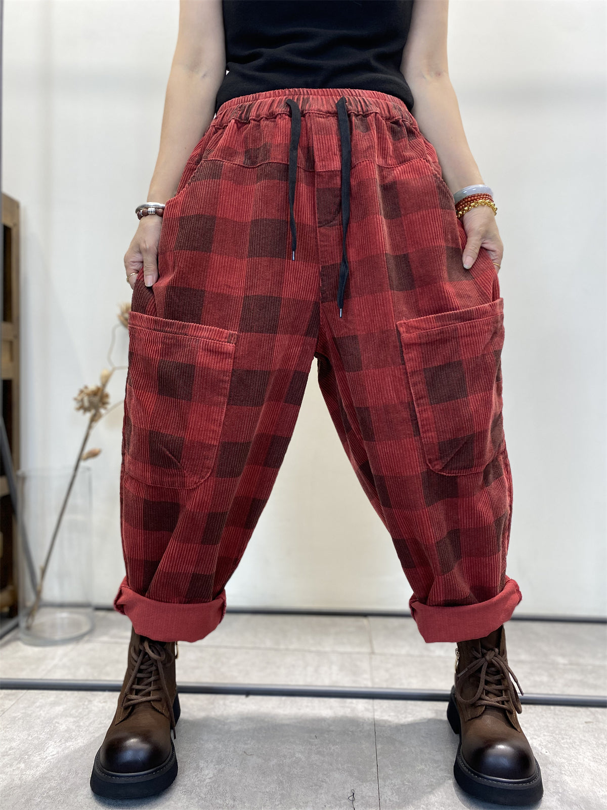 Übergröße Damen Retro Karierte Cord Haremshose