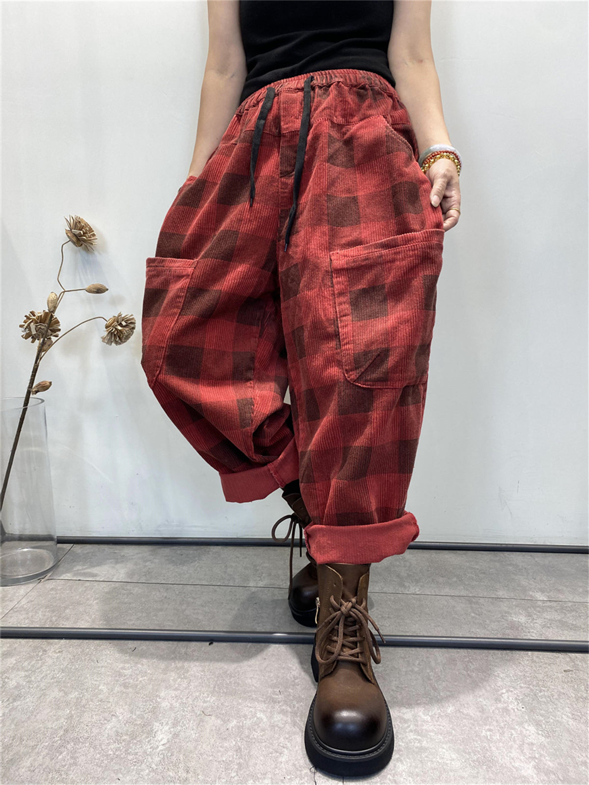 Übergröße Damen Retro Karierte Cord Haremshose