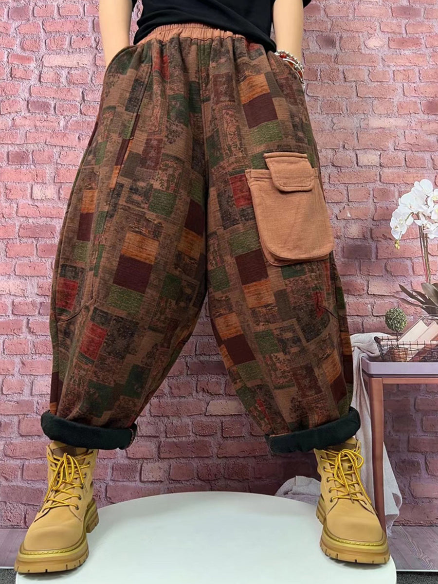 Übergröße Damen Vintage Karierte Haremshose mit Fleecefutter