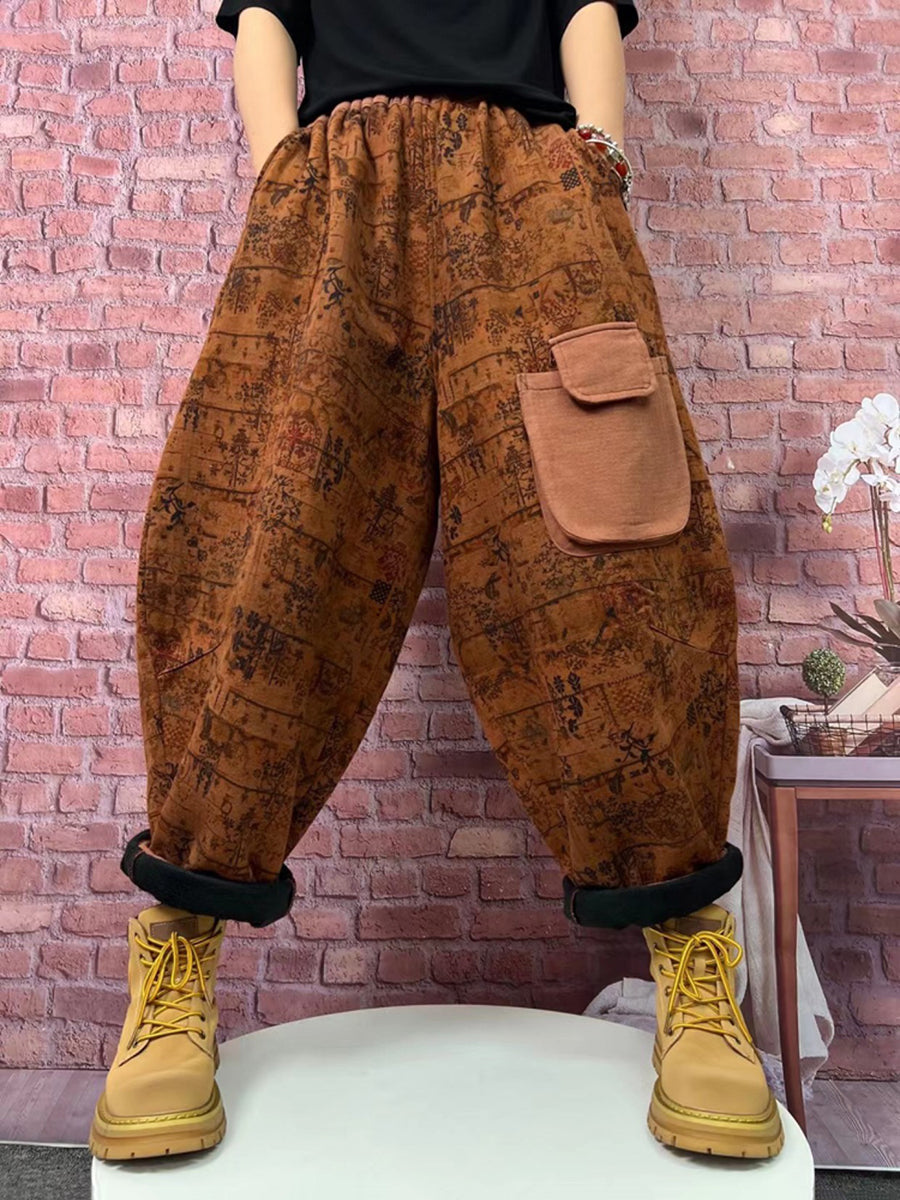 Übergröße Damen Vintage Karierte Haremshose mit Fleecefutter