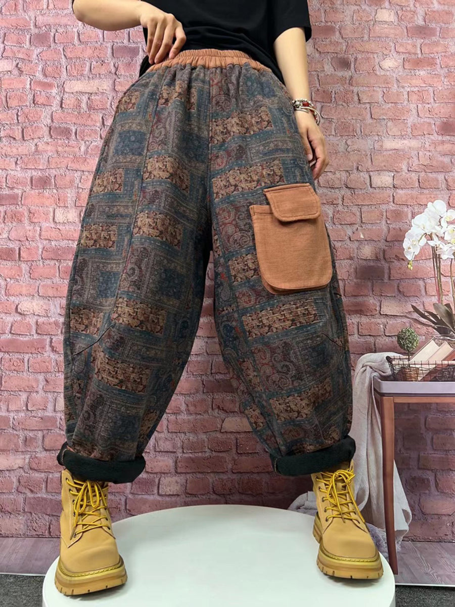 Übergröße Damen Vintage Karierte Haremshose mit Fleecefutter