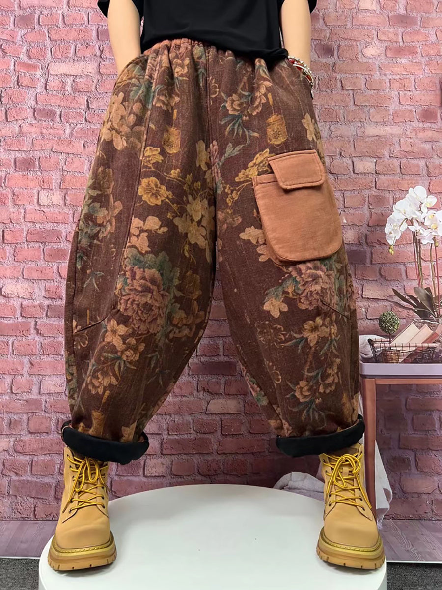Übergröße Damen Vintage Karierte Haremshose mit Fleecefutter