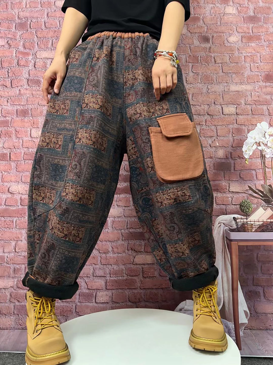 Übergröße Damen Vintage Karierte Haremshose mit Fleecefutter
