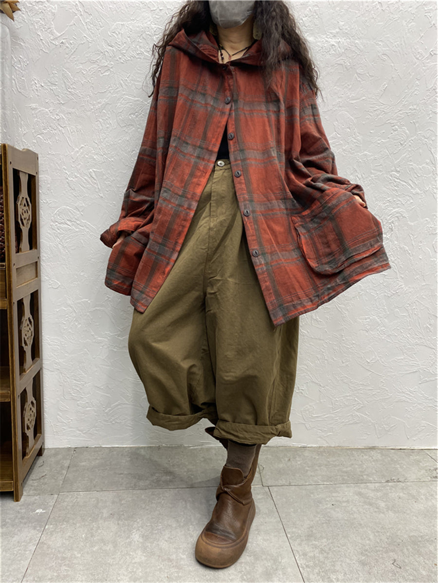 Übergröße Damen Vintage Plaid Frühling Kapuzenhemd Mantel