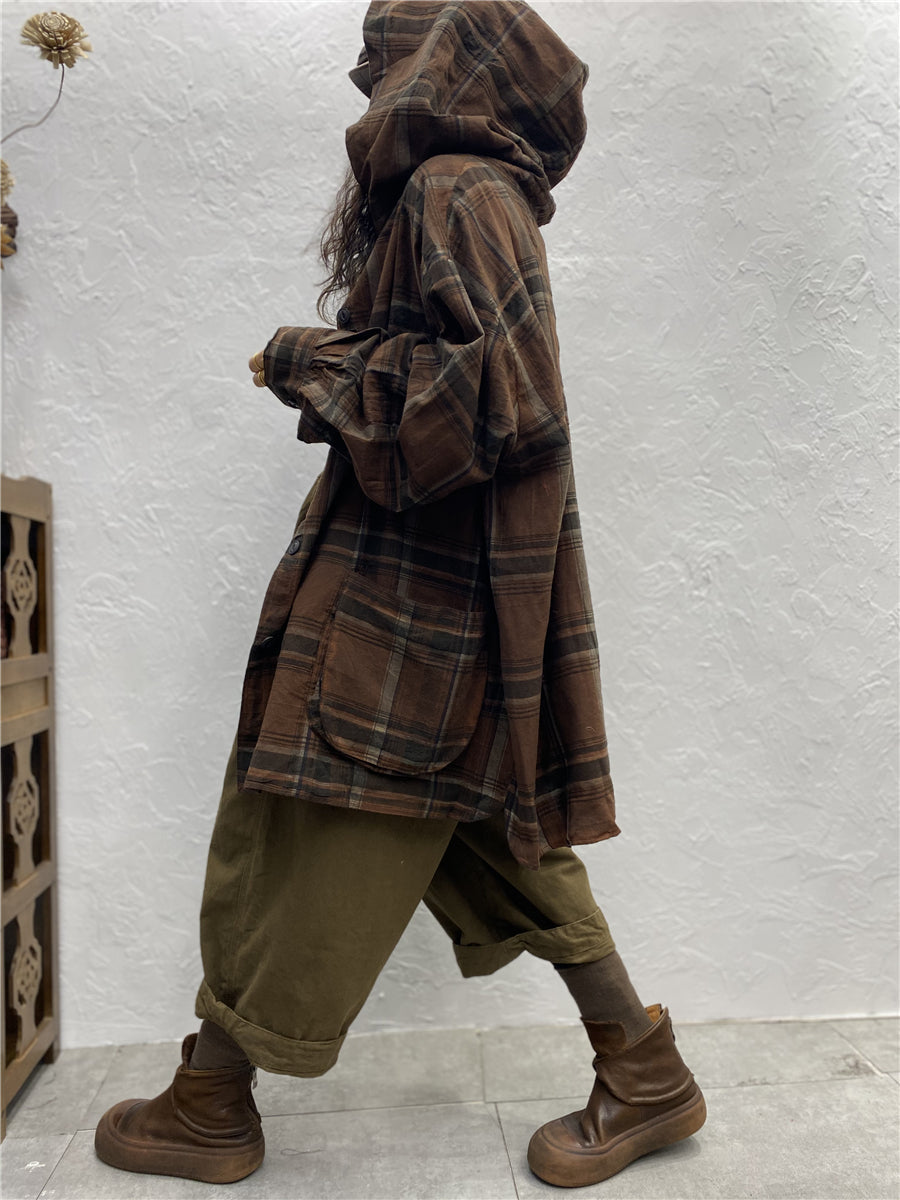 Übergröße Damen Vintage Plaid Frühling Kapuzenhemd Mantel
