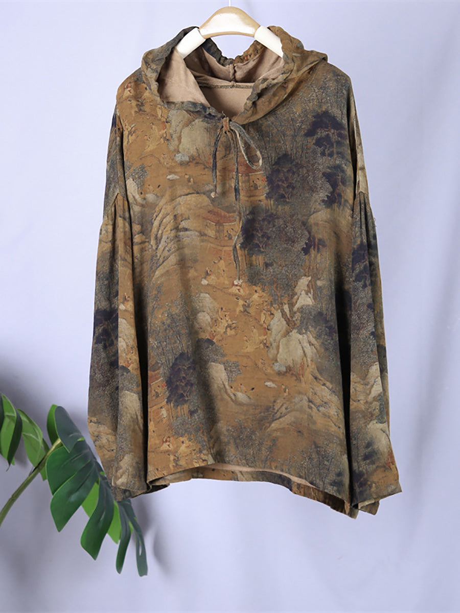 Übergröße Damen Vintage Print Frühlings-Kapuzenpullover