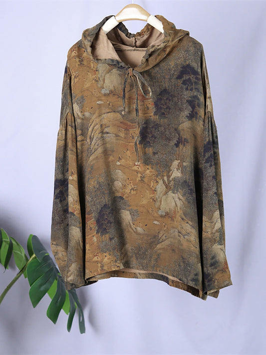 Übergröße Damen Vintage Print Frühlings-Kapuzenpullover