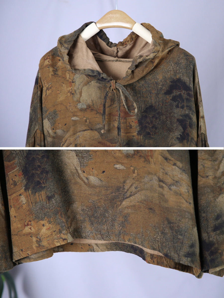 Übergröße Damen Vintage Print Frühlings-Kapuzenpullover
