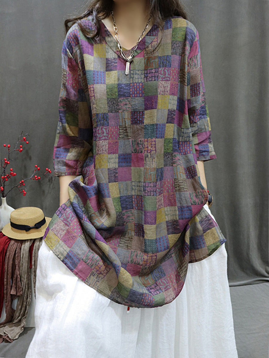 Plus Size Damen Sommer Retro Gespleißtes V-Ausschnitt Lockeres Longshirt