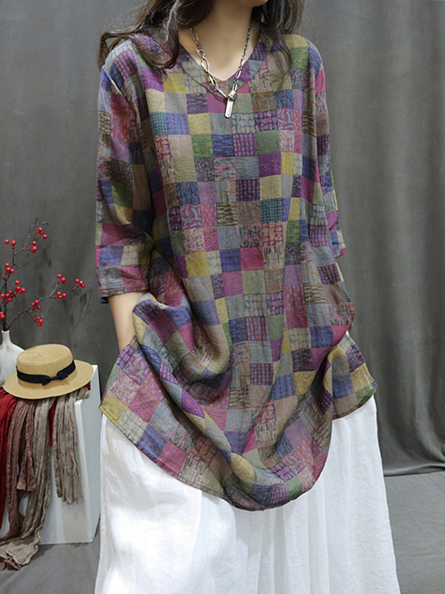 Plus Size Damen Sommer Retro Gespleißtes V-Ausschnitt Lockeres Longshirt