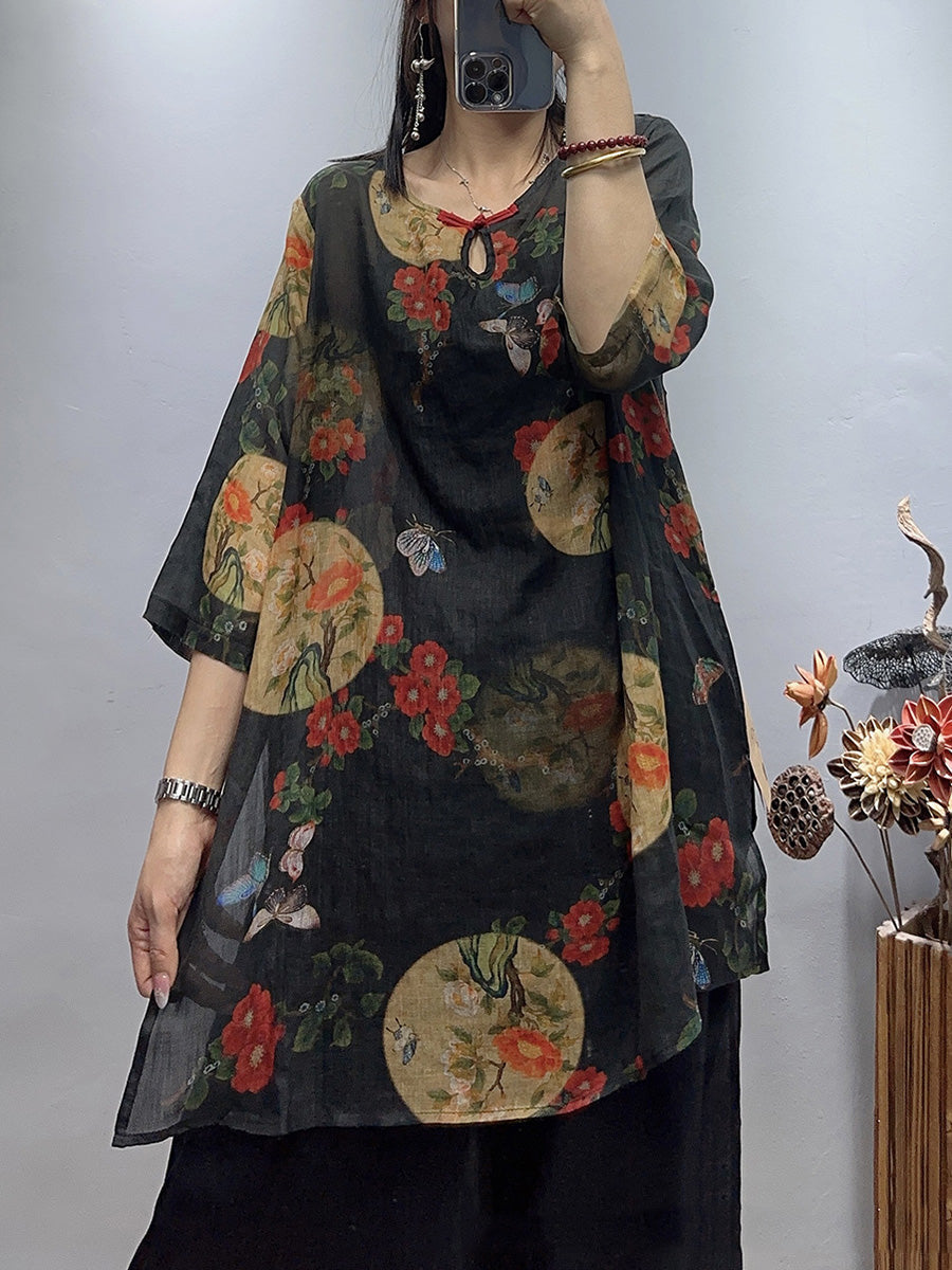 Übergröße Damen Vintage Blumen Sommer Lockeres Ramie-Shirt
