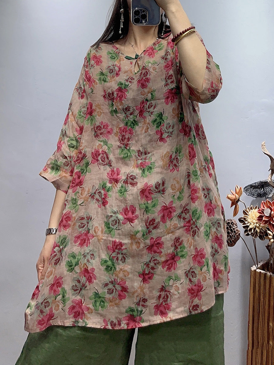 Übergröße Damen Vintage Blumen Sommer Lockeres Ramie-Shirt