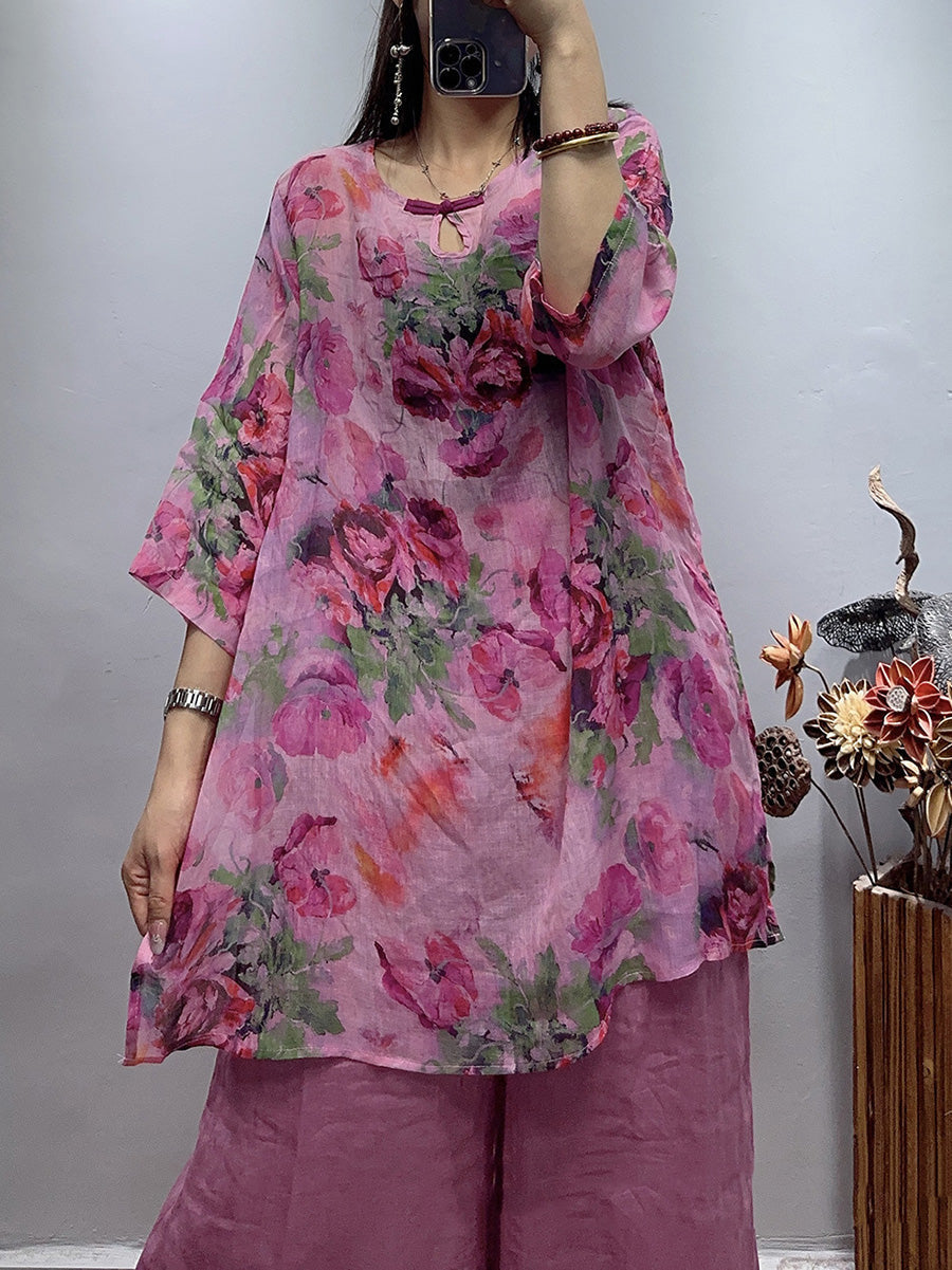 Übergröße Damen Vintage Blumen Sommer Lockeres Ramie-Shirt
