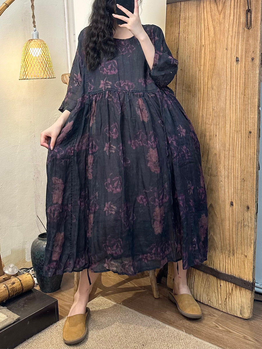 Übergröße Damen Sommer Vintage Blumenträger O-Ausschnitt Ramie Kleid