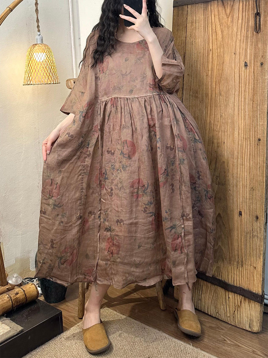 Übergröße Damen Sommer Vintage Blumenträger O-Ausschnitt Ramie Kleid